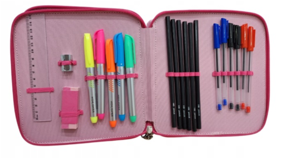 45-delige set: roze etui, potloden, kleurpotloden, stiften