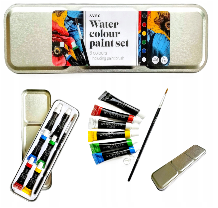 AQUARELVERF 6 STUKS IN TUBES + KWAS IN EEN ETUI