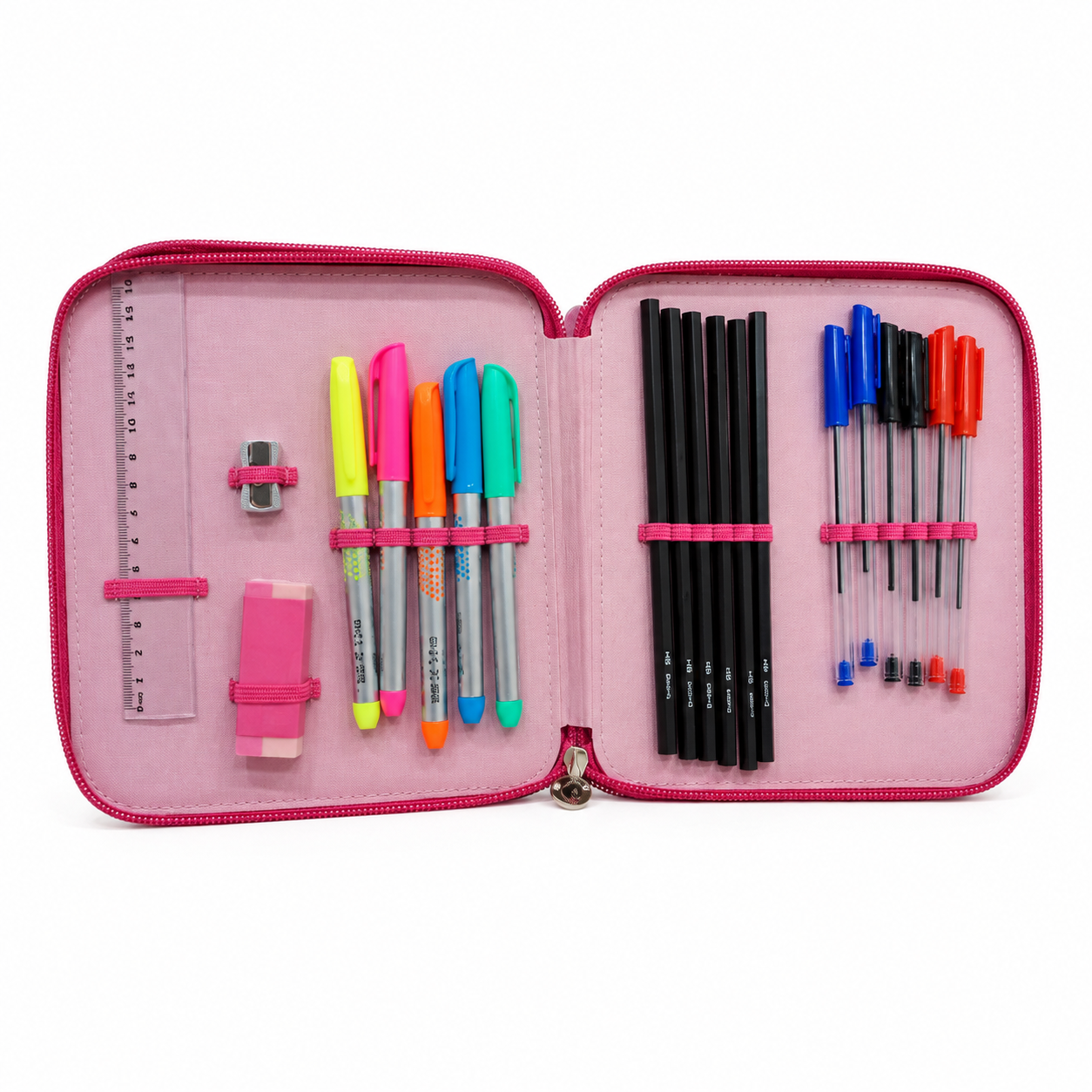 45-delige set: roze etui, potloden, kleurpotloden, stiften