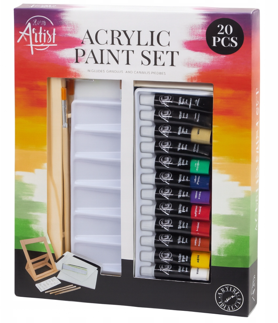Schilderset met acrylverf, doek, kwasten en zeil