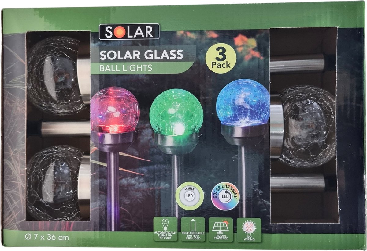 Solar Glass Ball Lights - 3x pack - Verschillende kleuren