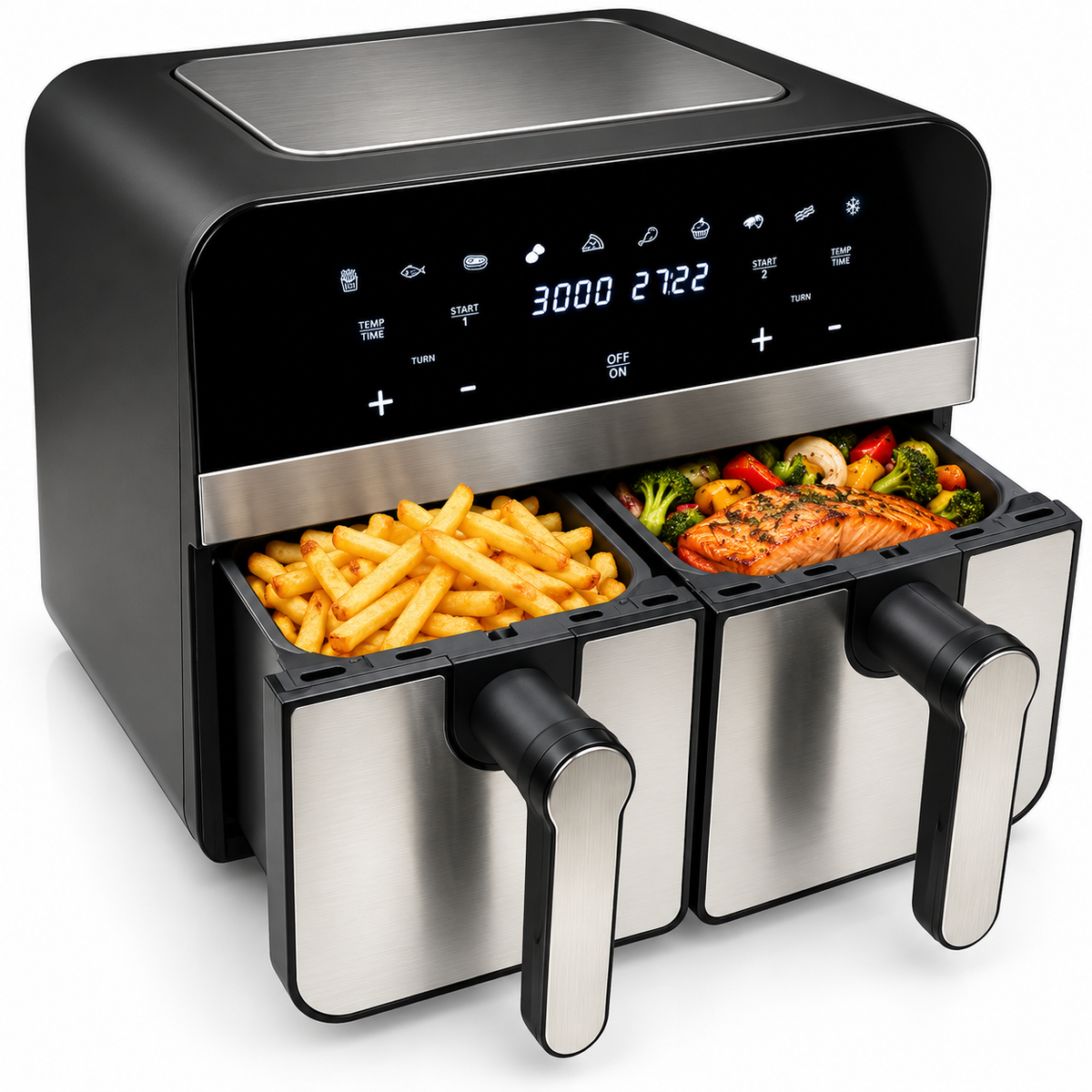 Digitale RVS airfryer met dubbele mand 2400 W - 9 L