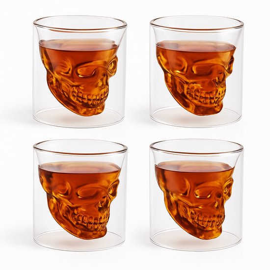 Whisky Glazen Set van 4 Stuks – Stoer Schedeldesign